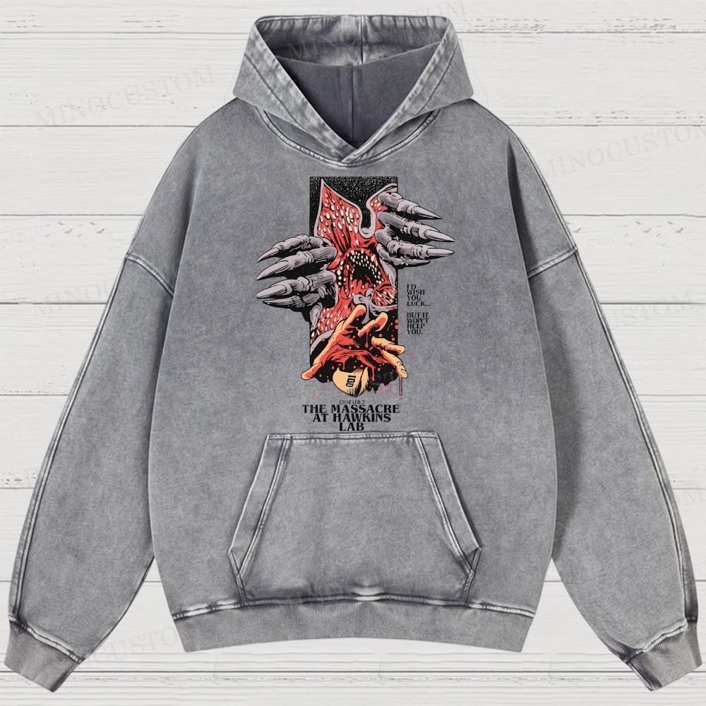 Stranger Things: The Massacre at Hawkins Lab Sci-Fi Horror Retro Art Graphic Washed Hoodies