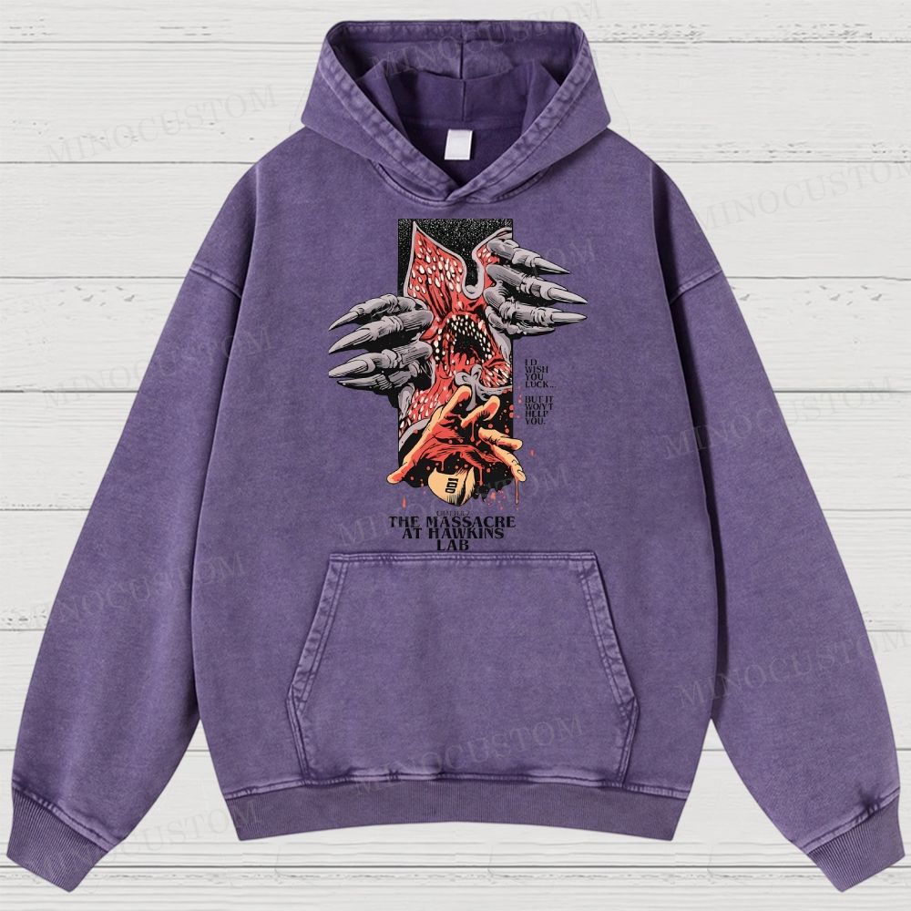 Stranger Things: The Massacre at Hawkins Lab Sci-Fi Horror Retro Art Graphic Washed Hoodies