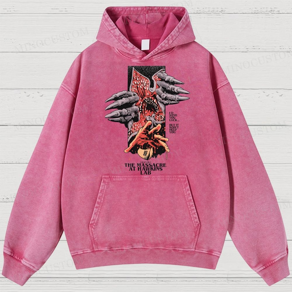 Stranger Things: The Massacre at Hawkins Lab Sci-Fi Horror Retro Art Graphic Washed Hoodies