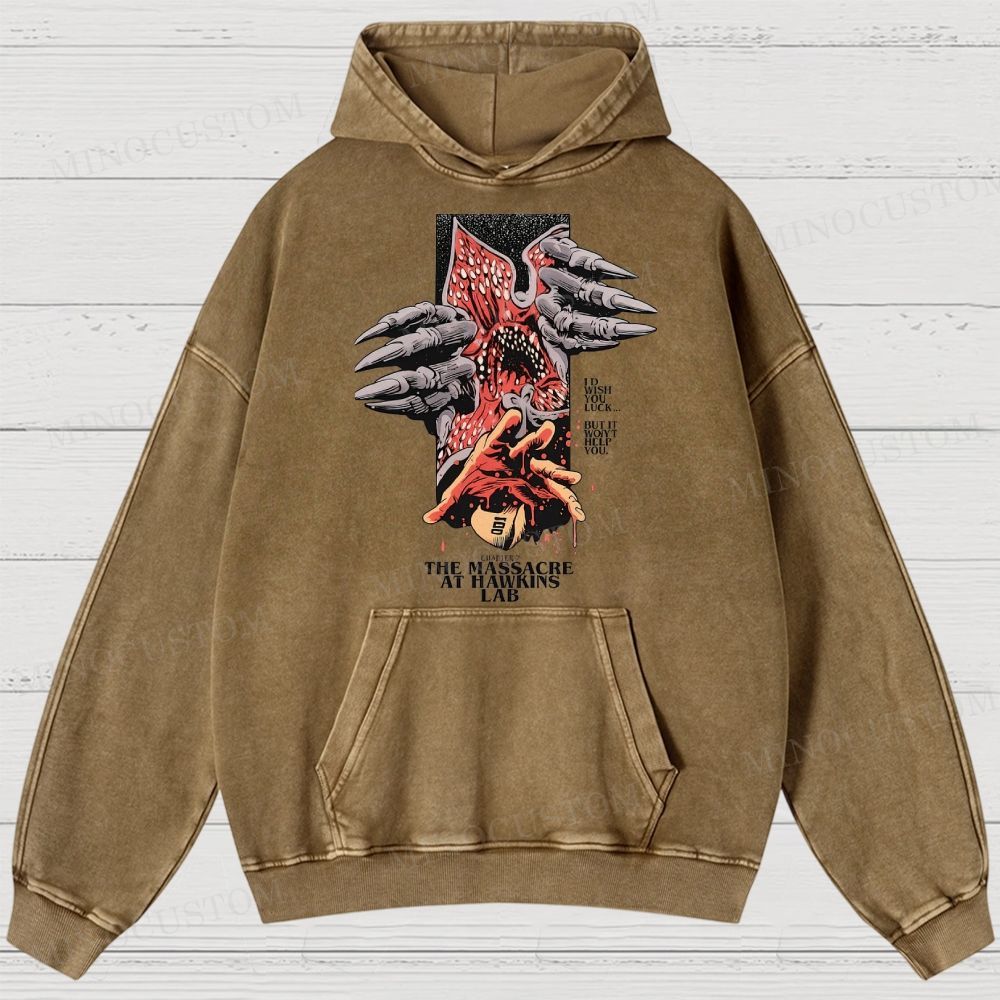 Stranger Things: The Massacre at Hawkins Lab Sci-Fi Horror Retro Art Graphic Washed Hoodies