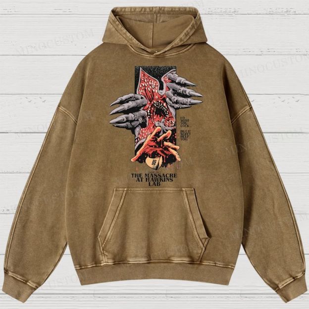 Stranger Things: The Massacre at Hawkins Lab Sci-Fi Horror Retro Art Graphic Washed Hoodies