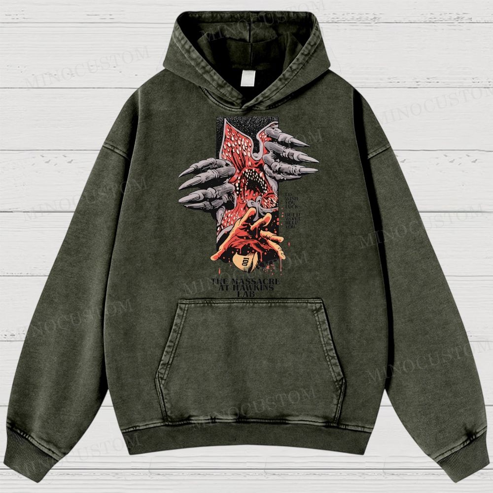 Stranger Things: The Massacre at Hawkins Lab Sci-Fi Horror Retro Art Graphic Washed Hoodies