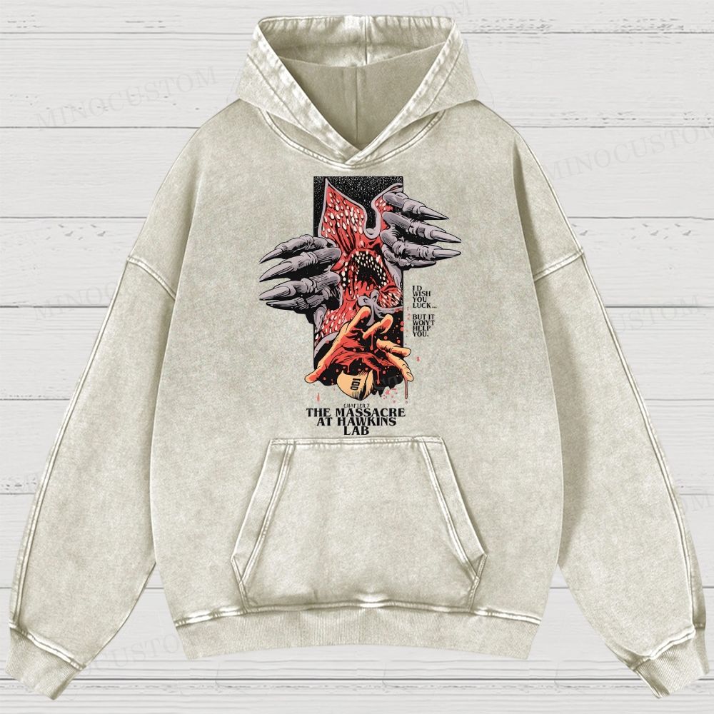 Stranger Things: The Massacre at Hawkins Lab Sci-Fi Horror Retro Art Graphic Washed Hoodies