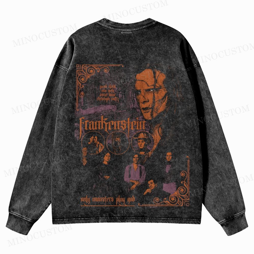 Frankenstein (2025) Gothic Horror Retro Collage Graphic Washed Long-Sleeved T-Shirt 