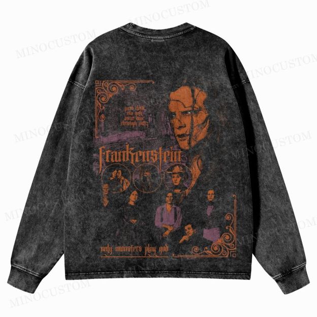Frankenstein (2025) Gothic Horror Retro Collage Graphic Washed Long-Sleeved T-Shirt 