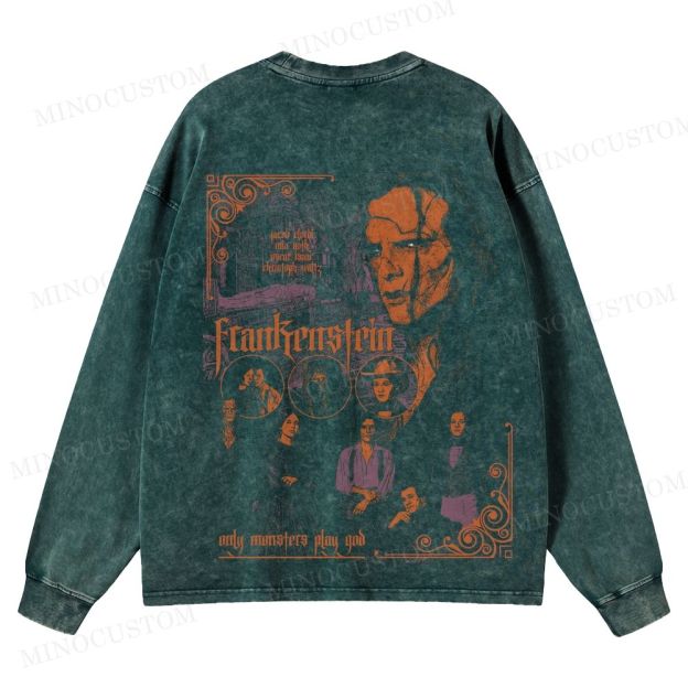 Frankenstein (2025) Gothic Horror Retro Collage Graphic Washed Long-Sleeved T-Shirt 