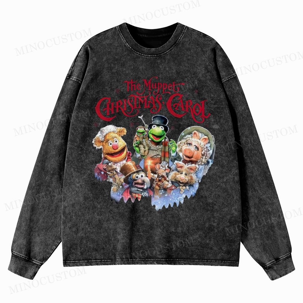 The Muppet Christmas Carol Family Fantasy Retro Muppet Collage Graphic Washed Long-Sleeved T-Shirt 