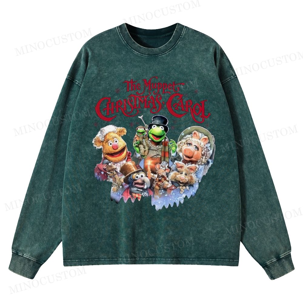 The Muppet Christmas Carol Family Fantasy Retro Muppet Collage Graphic Washed Long-Sleeved T-Shirt 