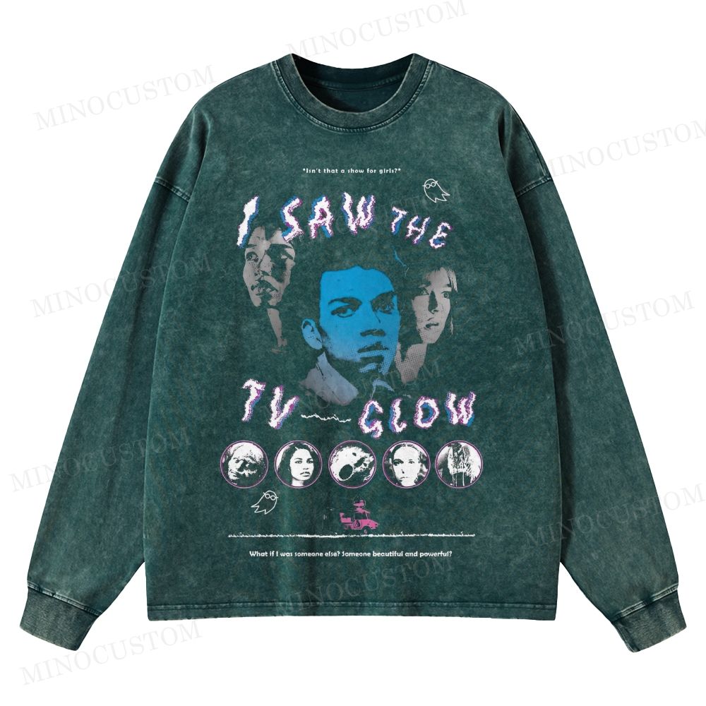 I Saw the TV Glow Psychological Horror Retro Collage GraphicWashed Long-Sleeved T-Shirt