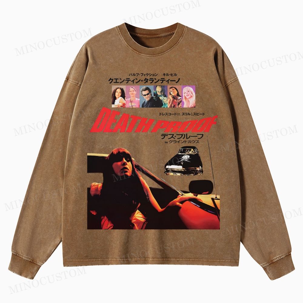 Death Proof Action Thriller Retro Collage Graphic Washed Long-Sleeved T-Shirt