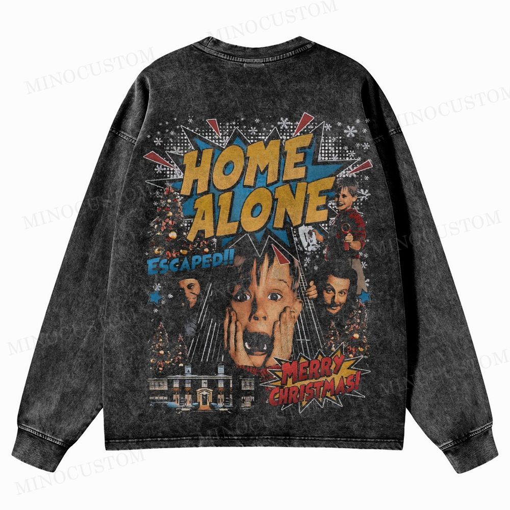 Home Alone Family Comedy Retro Collage Graphic Washed Long-Sleeved T-Shirt