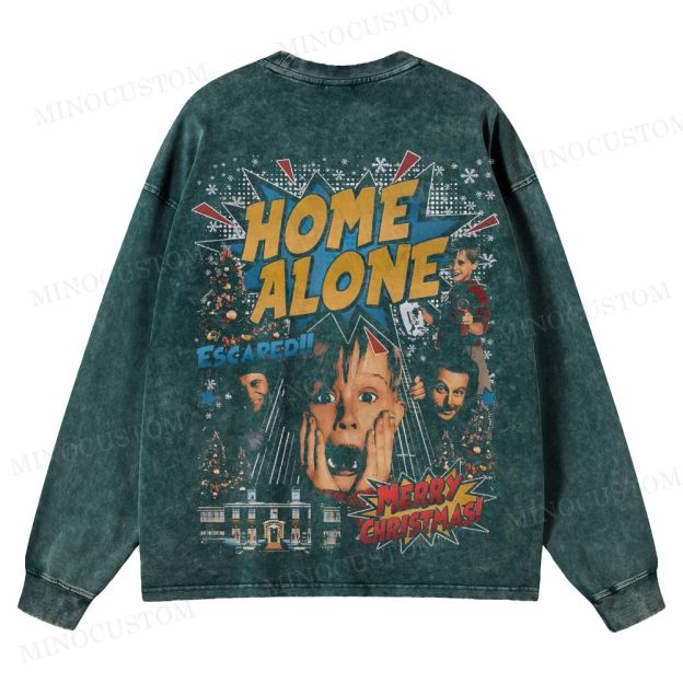Home Alone Family Comedy Retro Collage Graphic Washed Long-Sleeved T-Shirt