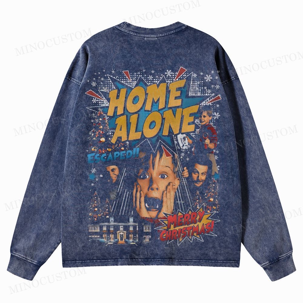 Home Alone Family Comedy Retro Collage Graphic Washed Long-Sleeved T-Shirt