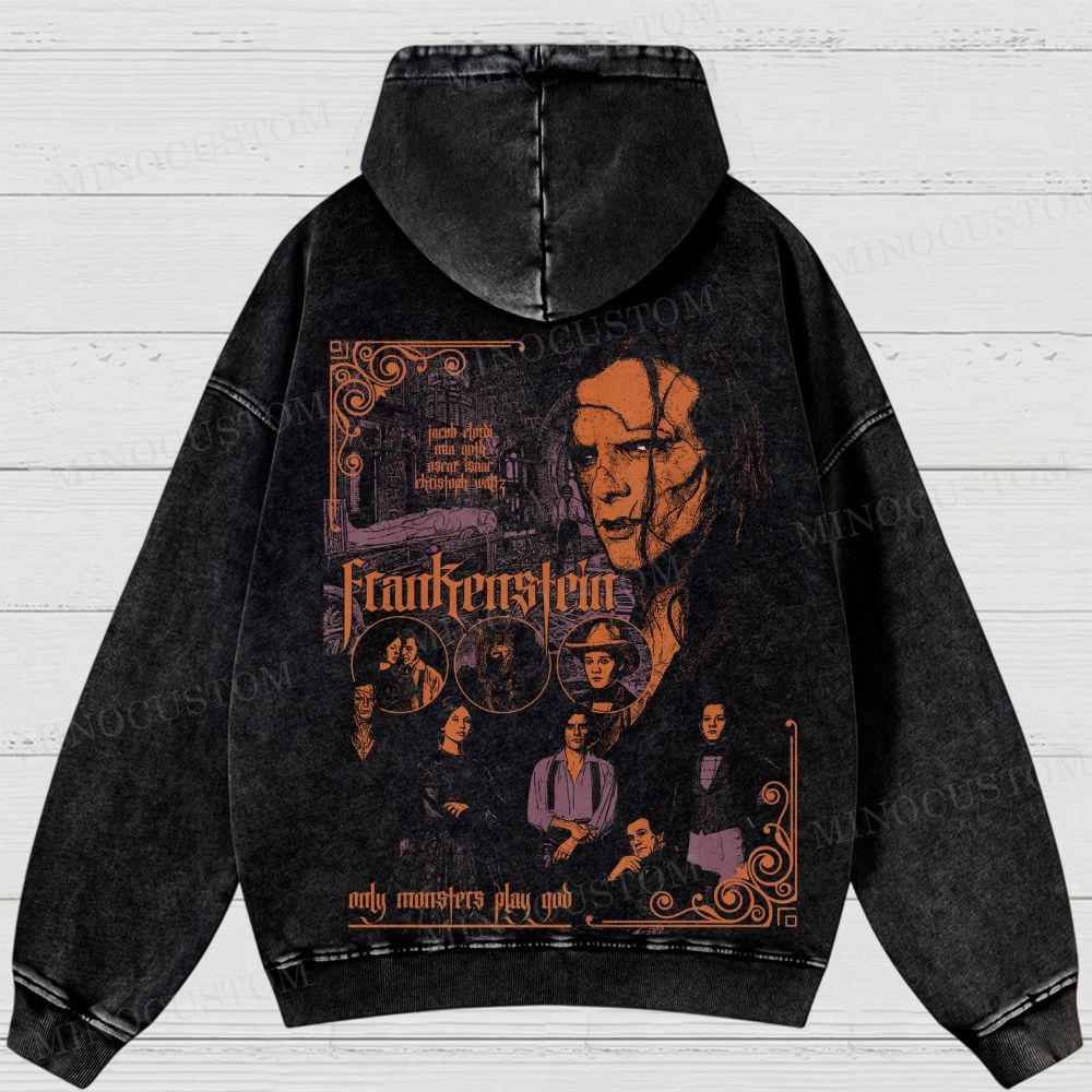 Frankenstein (2025) Gothic Horror Retro Collage Graphic Washed Hoodies