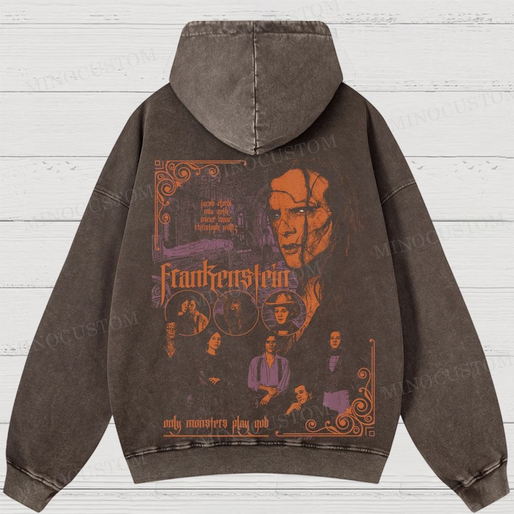Frankenstein (2025) Gothic Horror Retro Collage Graphic Washed Hoodies