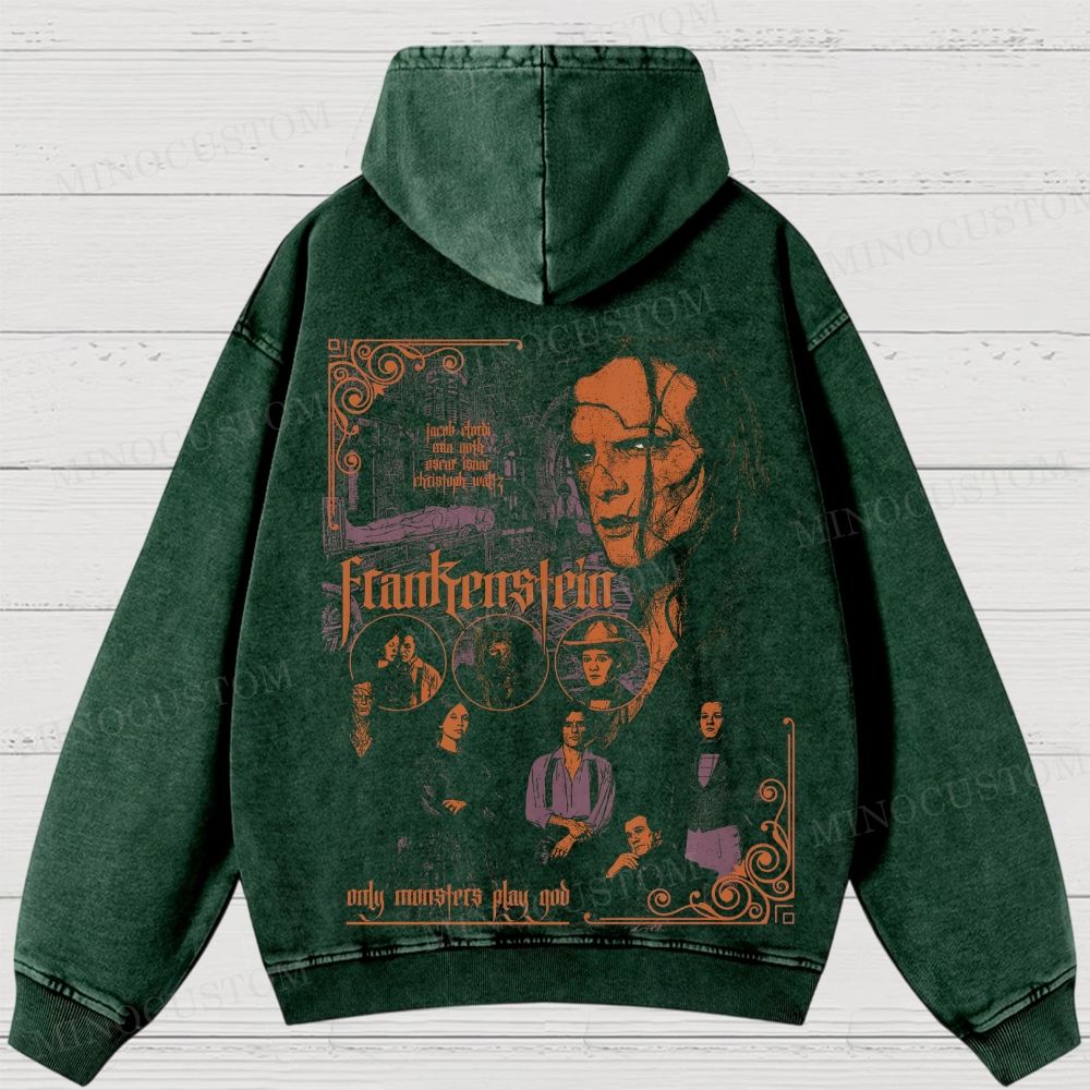 Frankenstein (2025) Gothic Horror Retro Collage Graphic Washed Hoodies