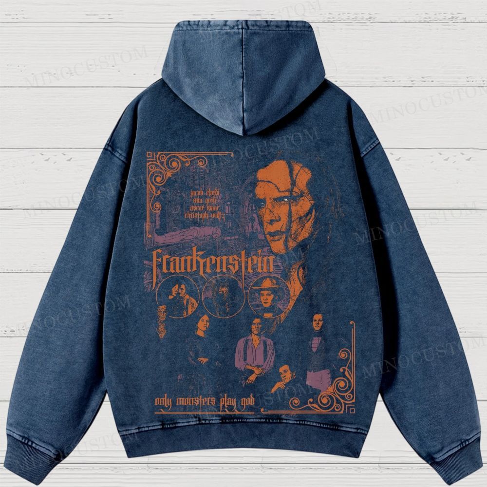 Frankenstein (2025) Gothic Horror Retro Collage Graphic Washed Hoodies