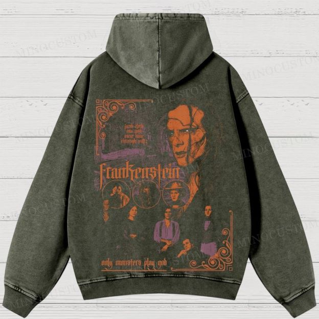 Frankenstein (2025) Gothic Horror Retro Collage Graphic Washed Hoodies
