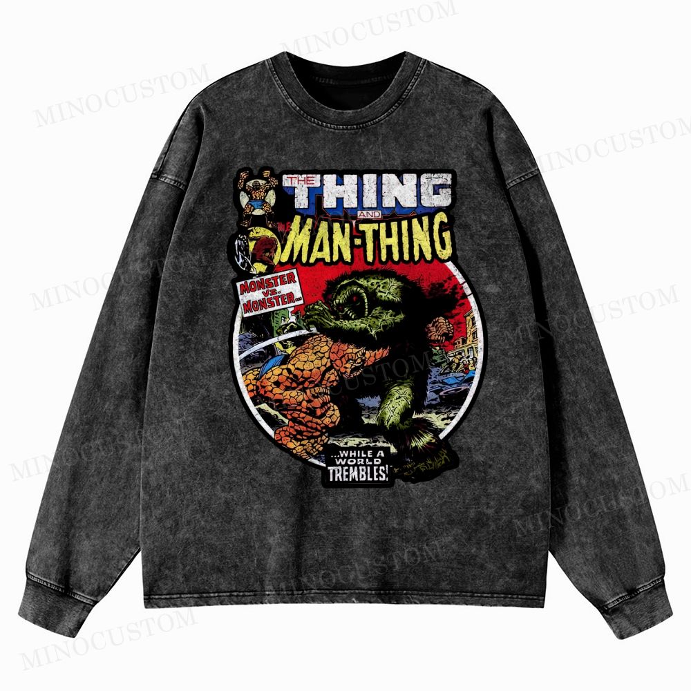 The Man Thing Monster versus Monster Fantastic Battle Washed Long-Sleeved T-Shirt