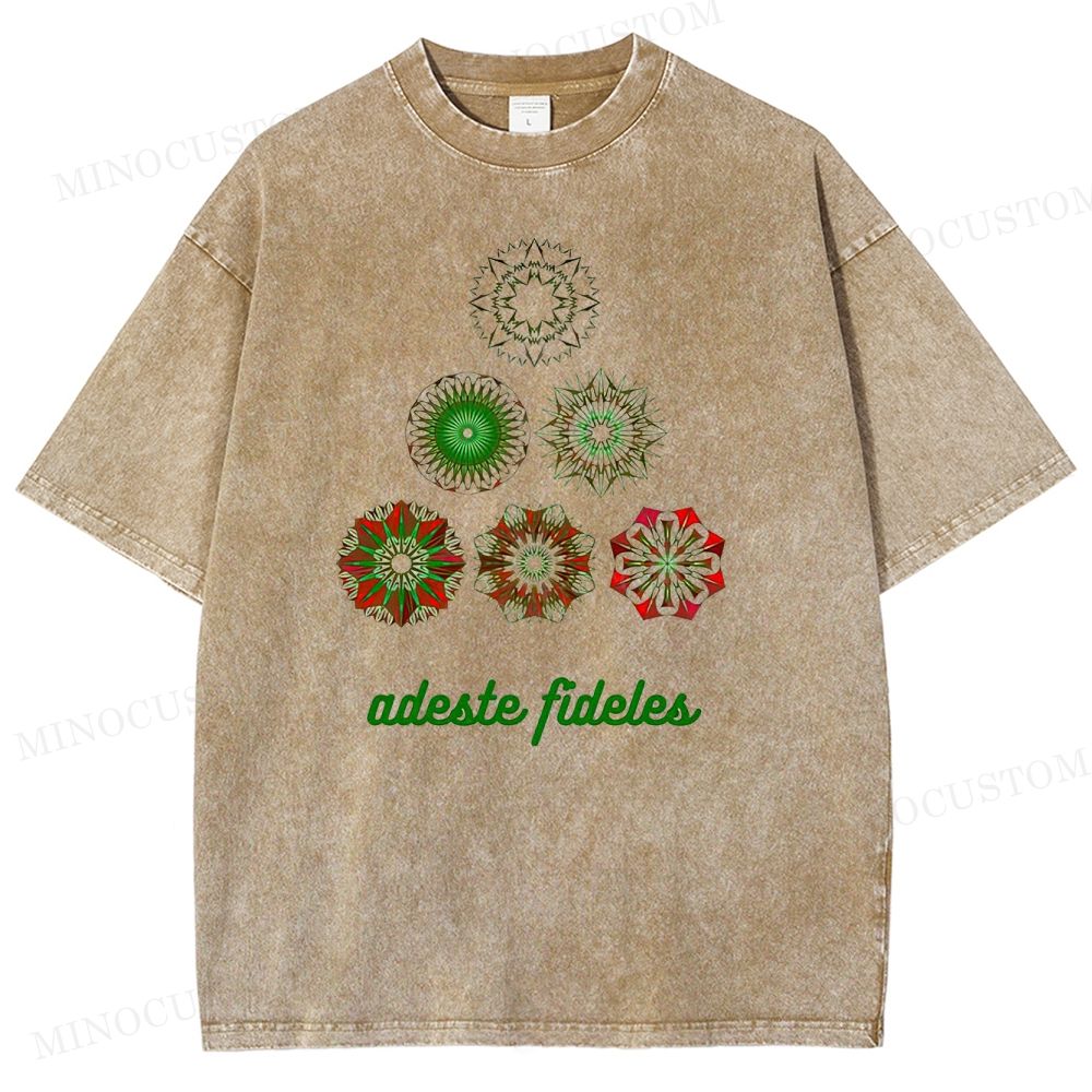 Christmas Carol "Adeste Fideles" Retro Mandala Graphic Washed T-Shirt 