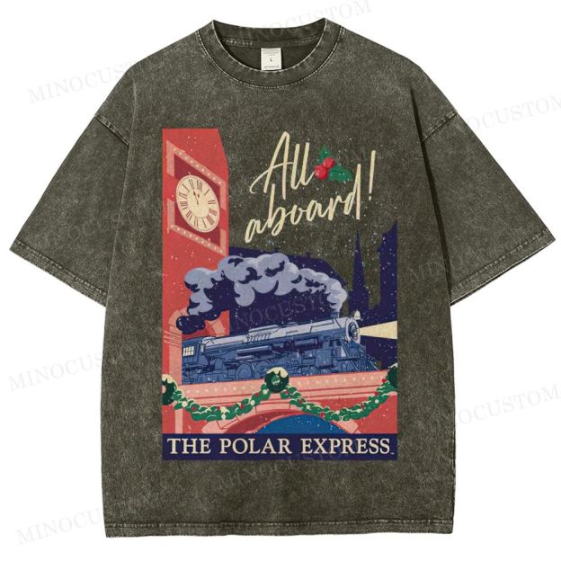 The Polar Express Christmas Fantasy "All Aboard" Retro Graphic Washed T-Shirt