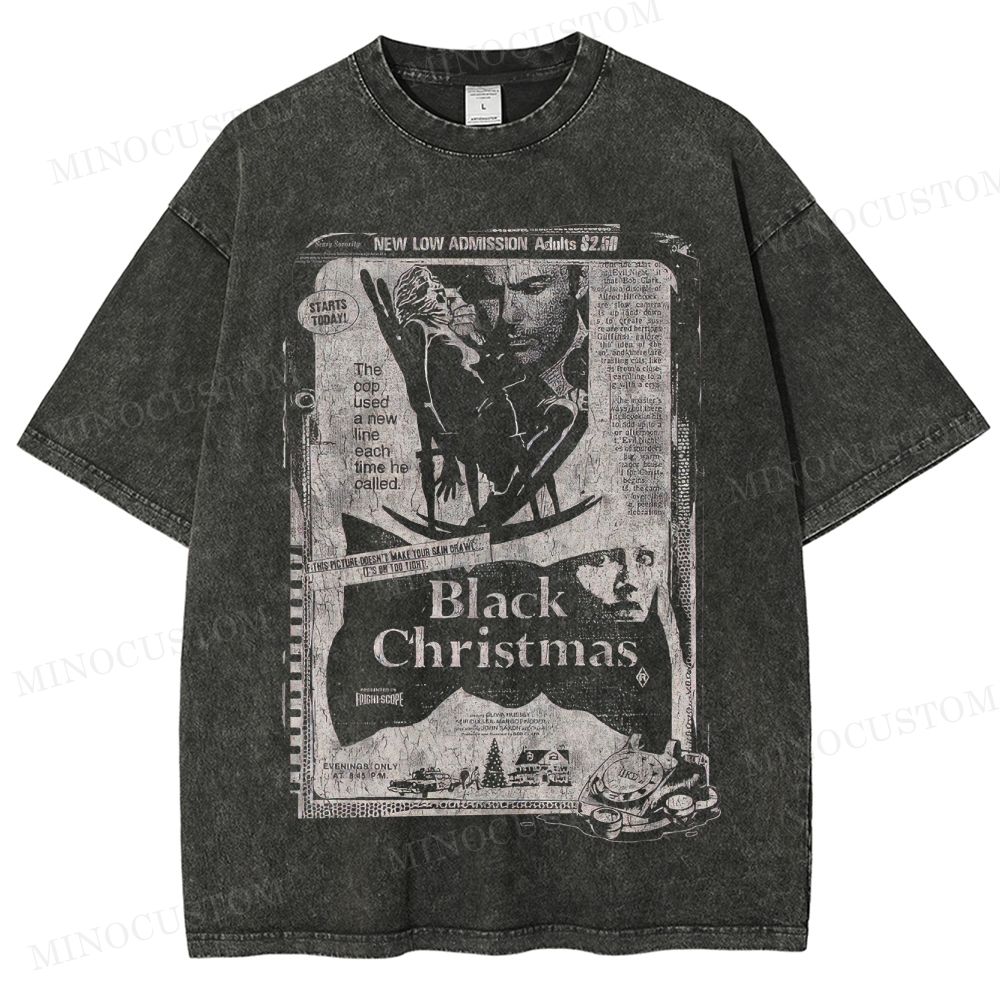 Black Christmas Holiday Slasher Horror Retro Newspaper Graphic Washed T-Shirt 