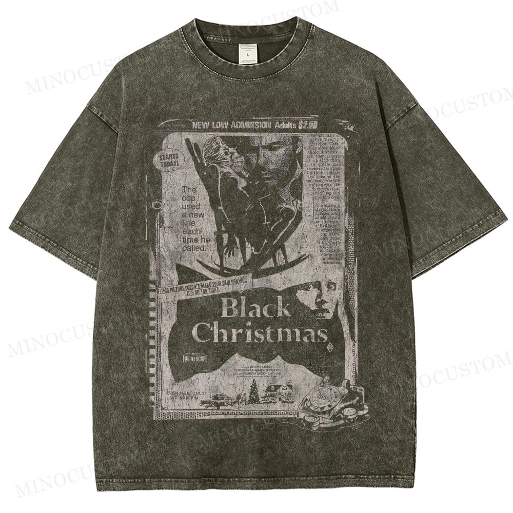 Black Christmas Holiday Slasher Horror Retro Newspaper Graphic Washed T-Shirt 