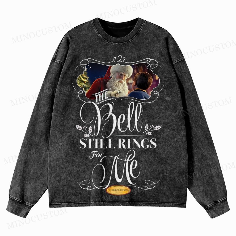 The Polar Express Christmas Fantasy "The Bell Still Rings" Retro Graphic Washed Long-Sleeved T-Shirt