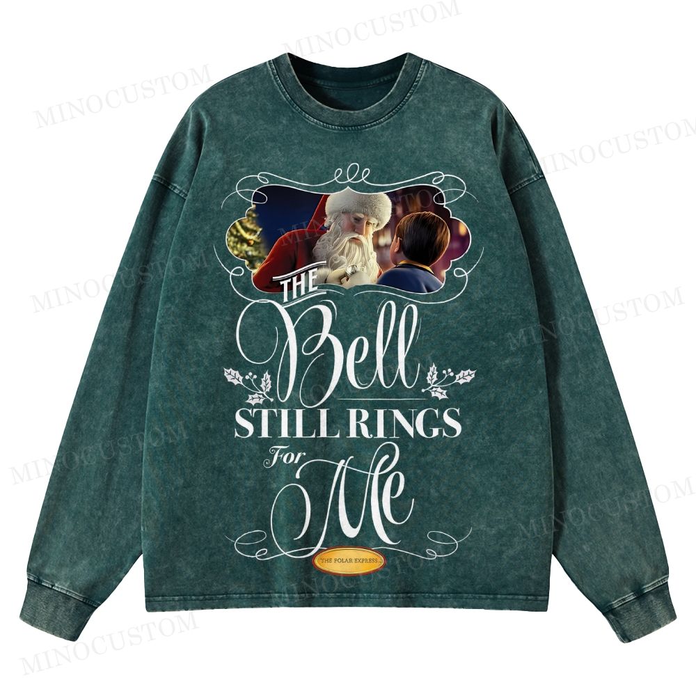 The Polar Express Christmas Fantasy "The Bell Still Rings" Retro Graphic Washed Long-Sleeved T-Shirt