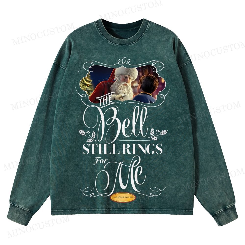 The Polar Express Christmas Fantasy "The Bell Still Rings" Retro Graphic Washed Long-Sleeved T-Shirt