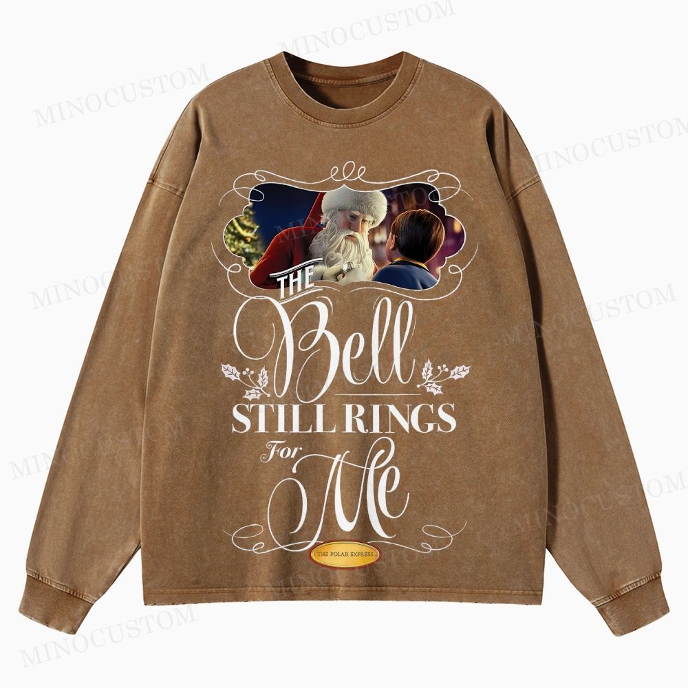 The Polar Express Christmas Fantasy "The Bell Still Rings" Retro Graphic Washed Long-Sleeved T-Shirt