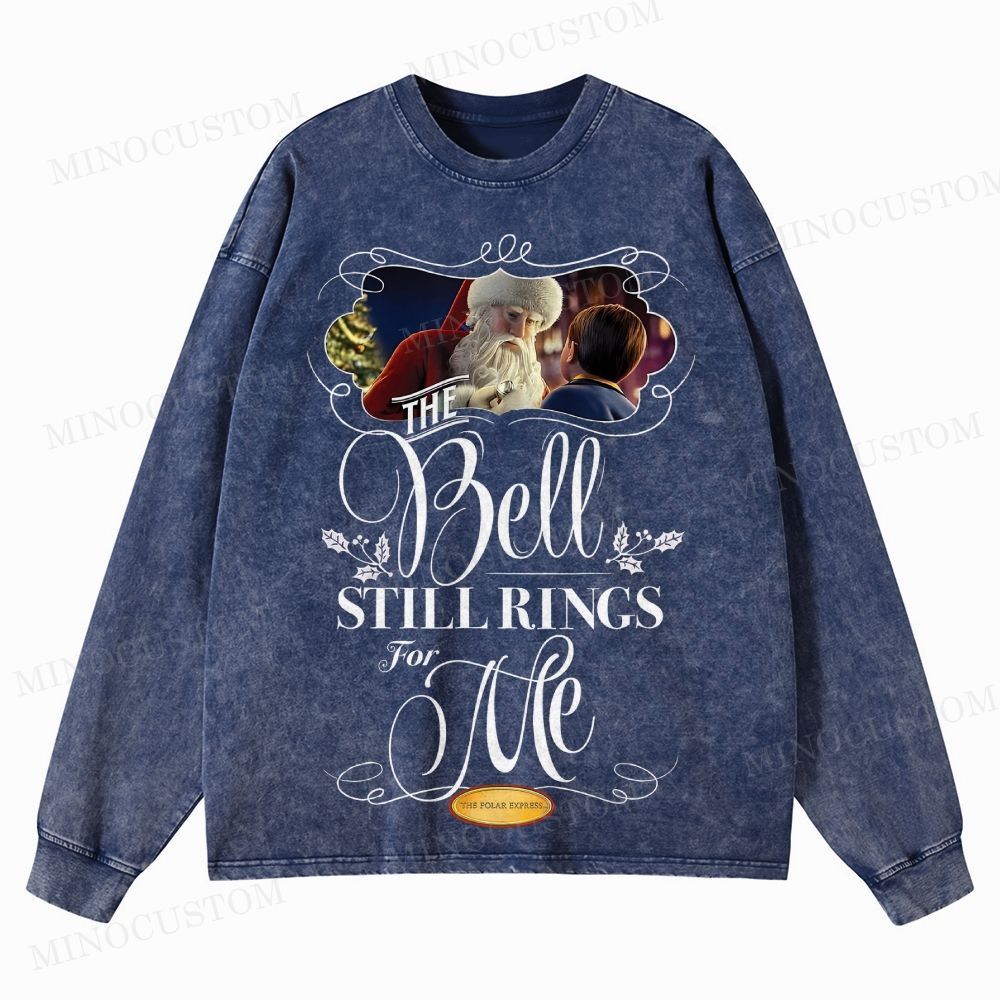 The Polar Express Christmas Fantasy "The Bell Still Rings" Retro Graphic Washed Long-Sleeved T-Shirt