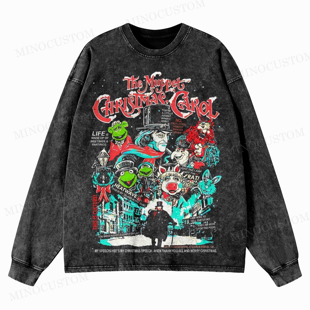 The Muppet Christmas Carol Holiday Musical Retro Collage Graphic Washed Long-Sleeved T-Shirt