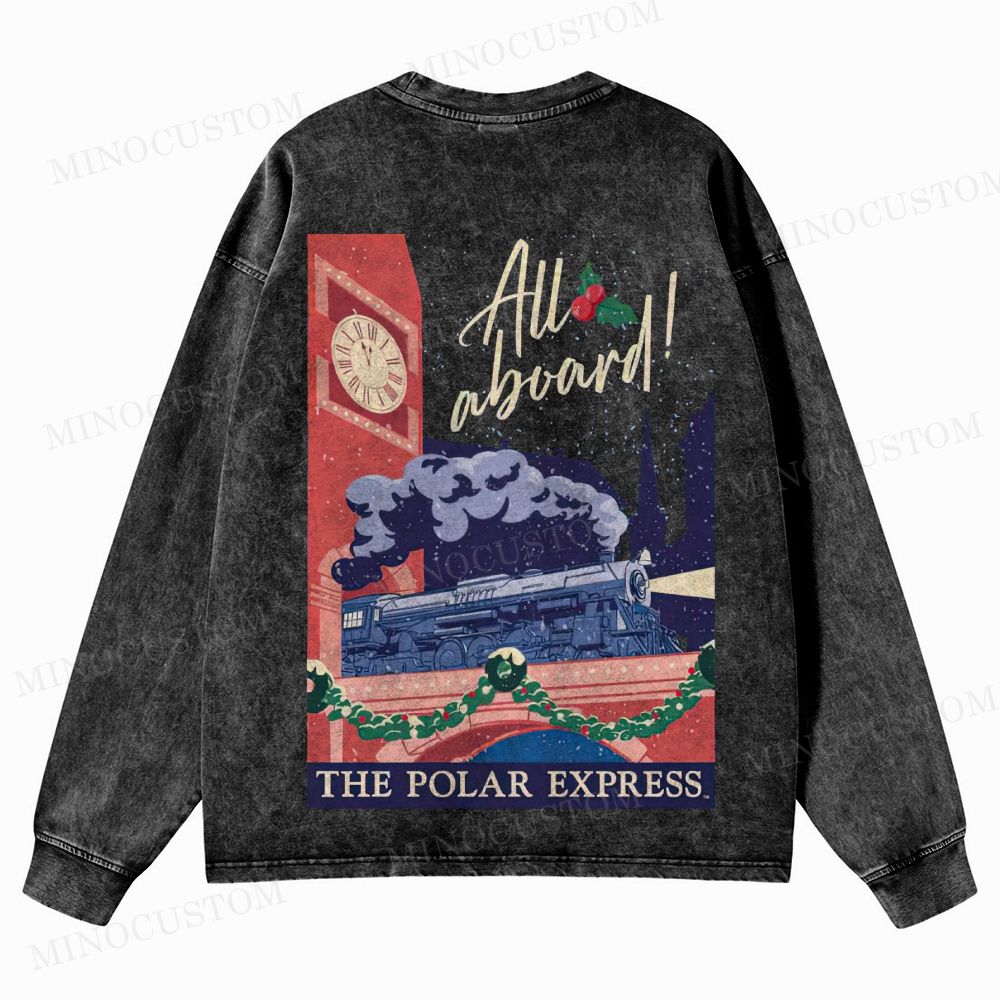 The Polar Express Christmas Fantasy "All Aboard" Retro Graphic Washed Long-Sleeved T-Shirt