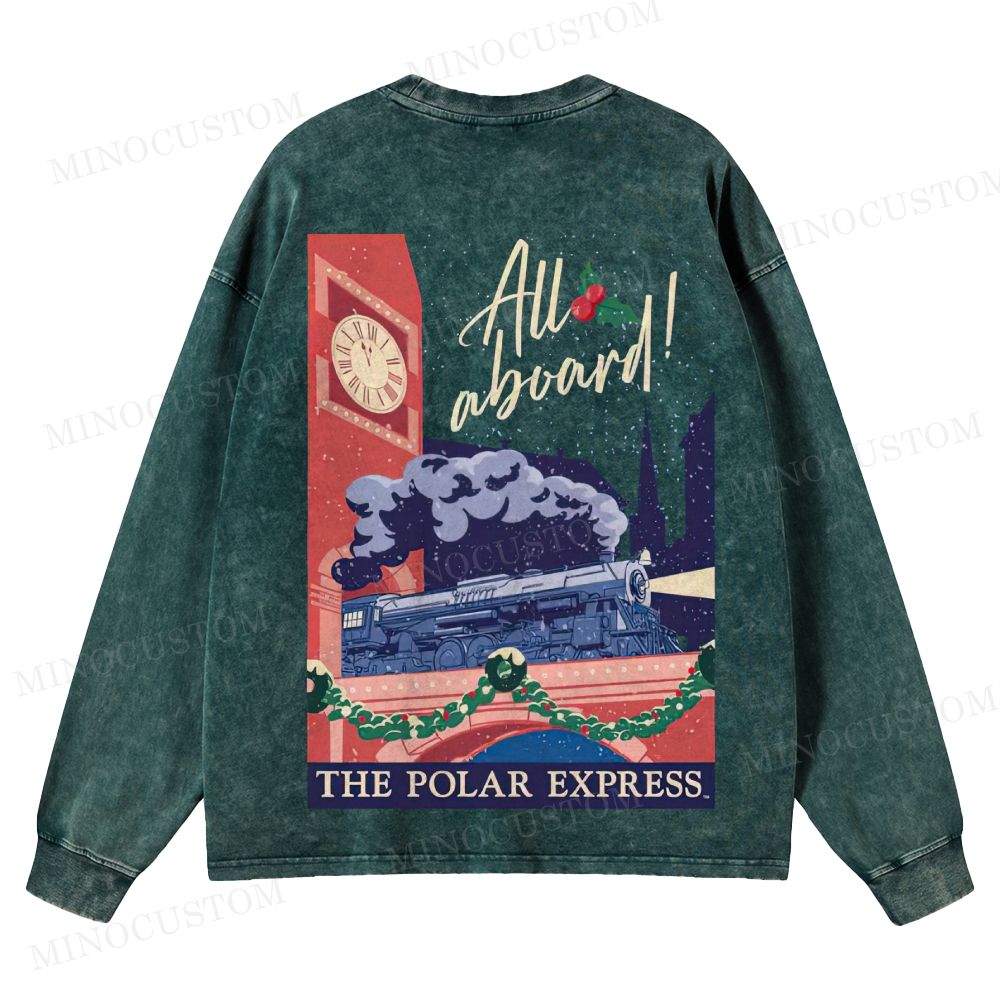 The Polar Express Christmas Fantasy "All Aboard" Retro Graphic Washed Long-Sleeved T-Shirt