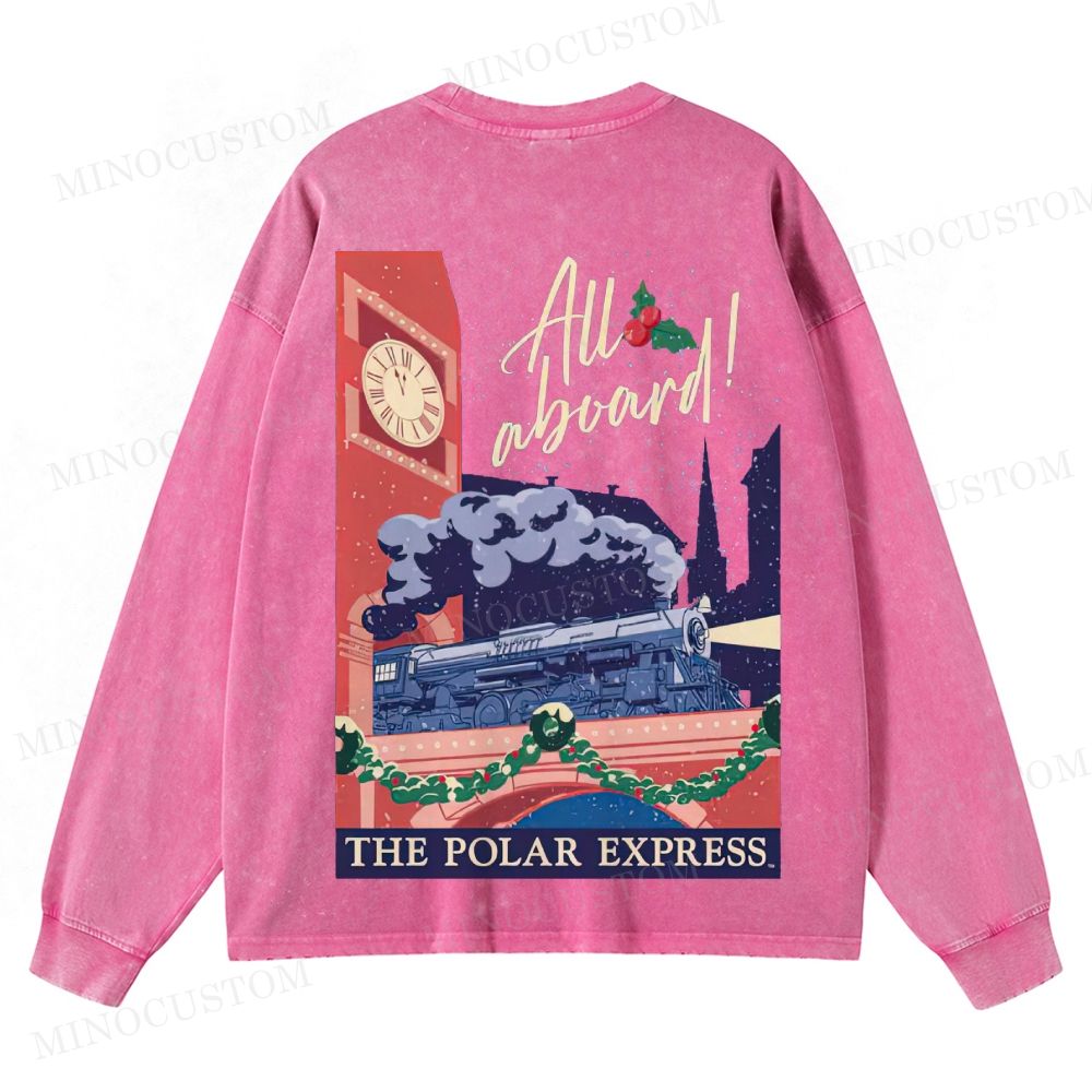 The Polar Express Christmas Fantasy "All Aboard" Retro Graphic Washed Long-Sleeved T-Shirt