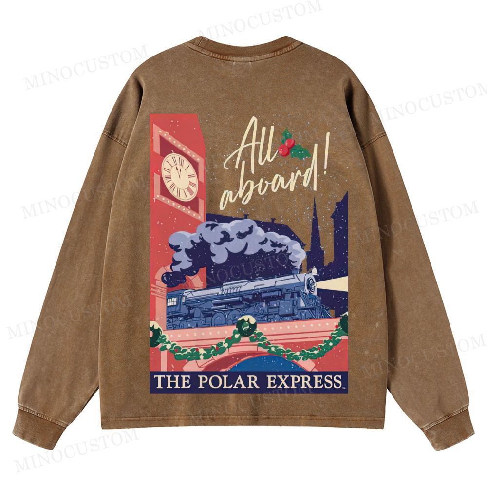The Polar Express Christmas Fantasy "All Aboard" Retro Graphic Washed Long-Sleeved T-Shirt