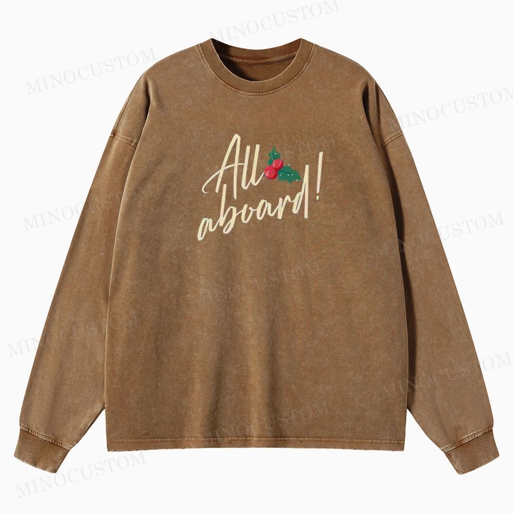 The Polar Express Christmas Fantasy "All Aboard" Retro Graphic Washed Long-Sleeved T-Shirt