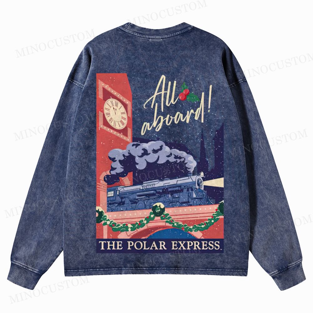 The Polar Express Christmas Fantasy "All Aboard" Retro Graphic Washed Long-Sleeved T-Shirt