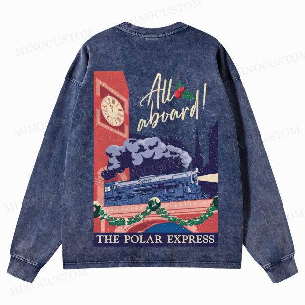 The Polar Express Christmas Fantasy "All Aboard" Retro Graphic Washed Long-Sleeved T-Shirt