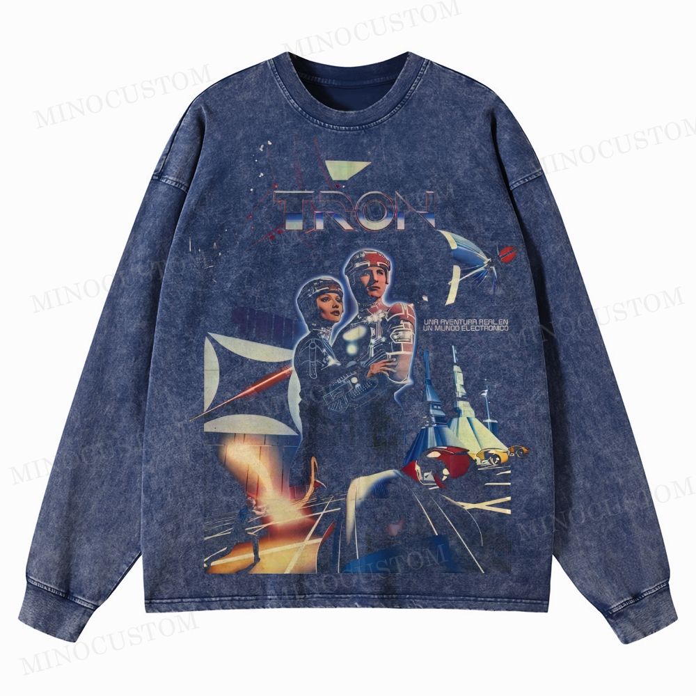 TRON Sci-Fi Adventure Retro Poster Graphic Washed Long-Sleeved T-Shirt