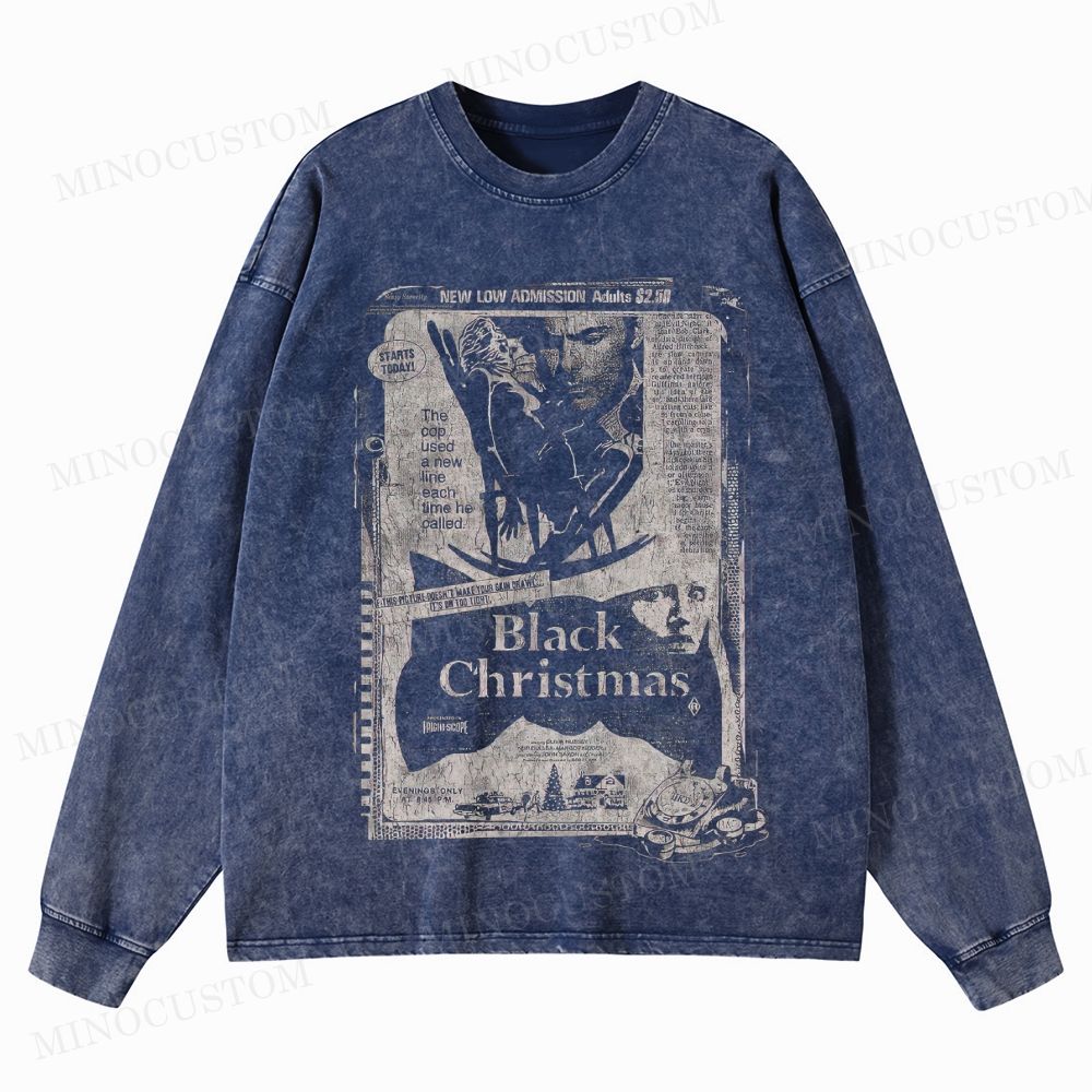 Black Christmas Holiday Slasher Horror Retro Newspaper Graphic Washed Long-Sleeved T-Shirt 