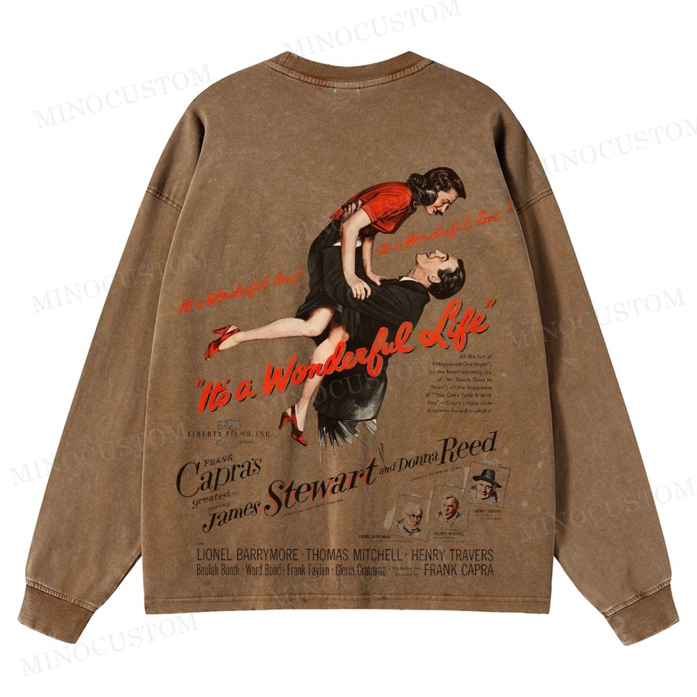 It’s a Wonderful Life Holiday Drama Retro Poster Graphic Washed Long-Sleeved T-Shirt 