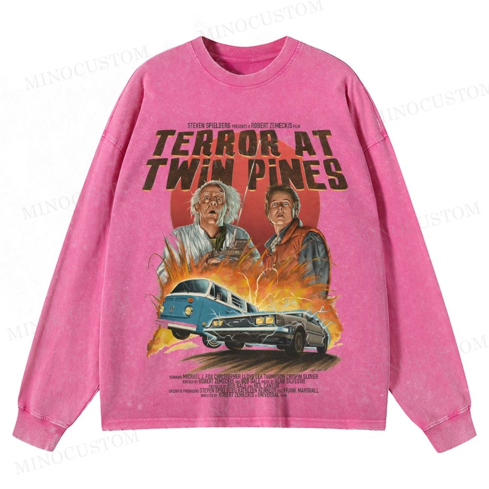 Back to the Future Sci-Fi Adventure "Terror at Twin Pines" Retro Poster Graphic Washed Long-Sleeved T-Shirt 
