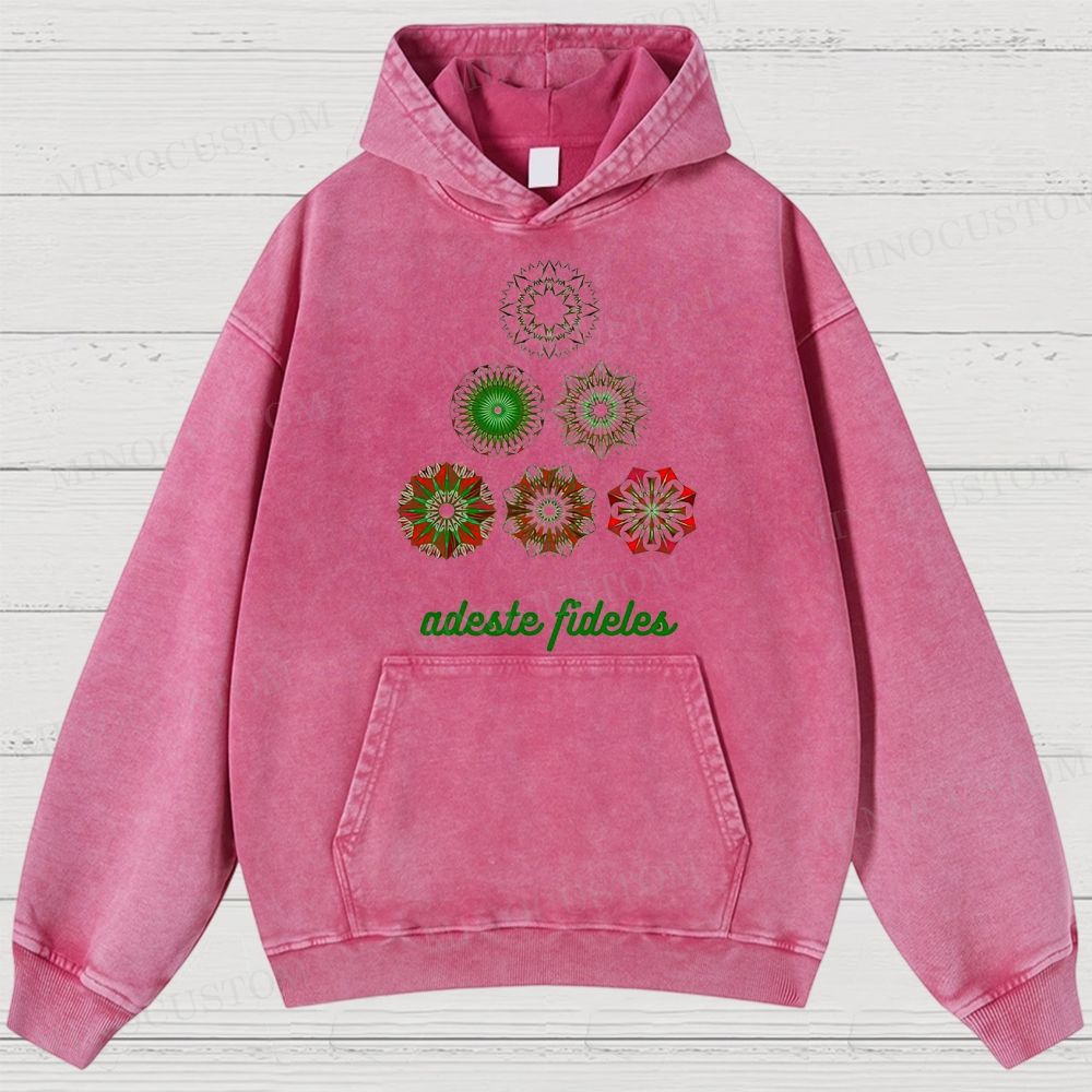 Christmas Carol "Adeste Fideles" Retro Mandala Graphic Washed Hoodies
