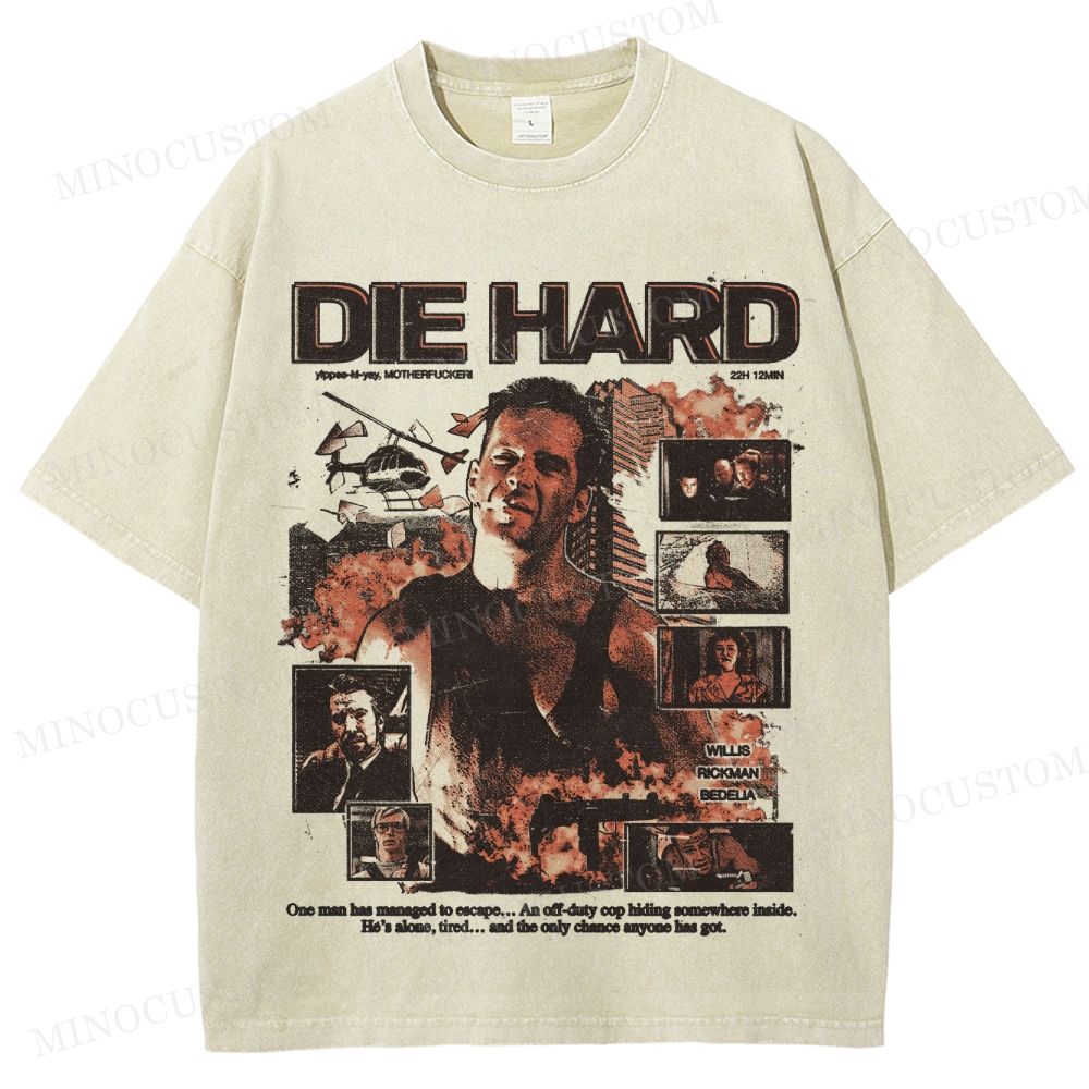 Die Hard Action Thriller Retro Collage Graphic Washed T-Shirt 