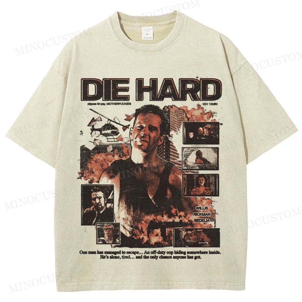 Die Hard Action Thriller Retro Collage Graphic Washed T-Shirt 
