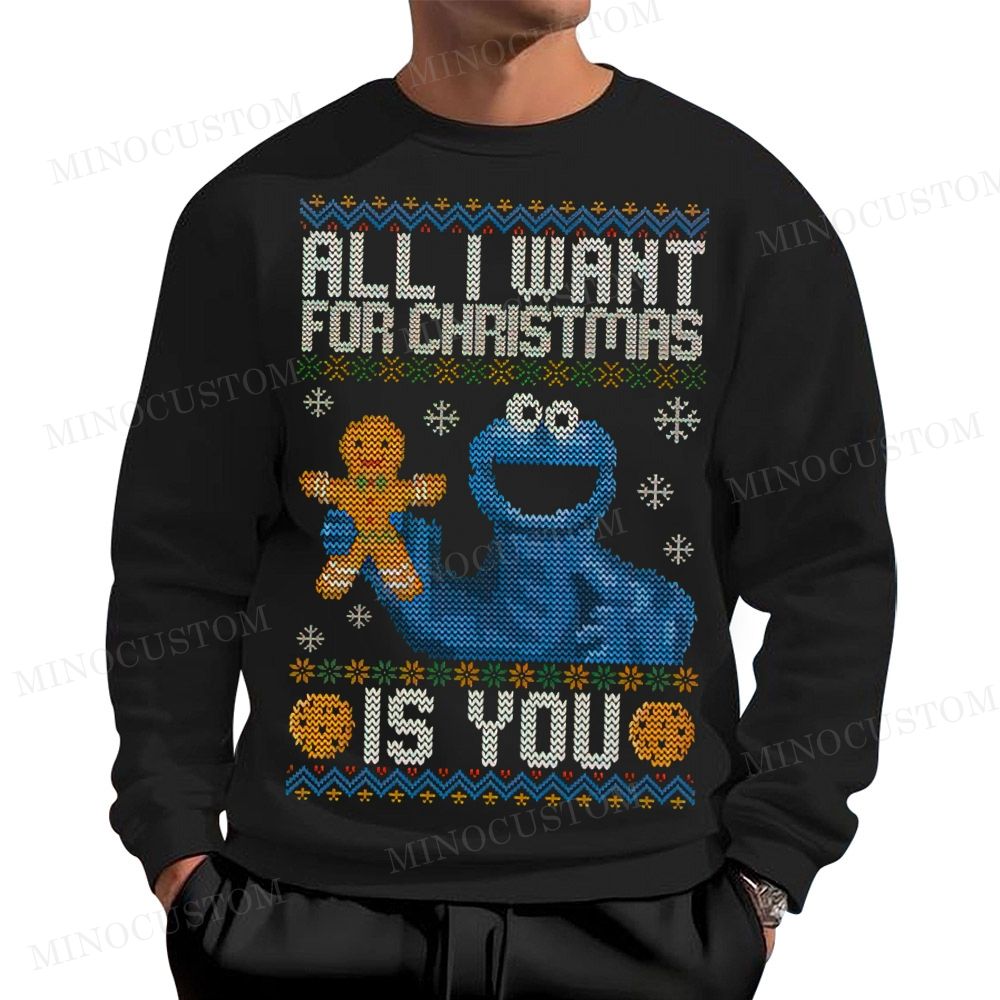 Sesame Street Cookie Monster "All I Want For Christmas Is You" Ugly Sweater Style Cotton Sweatshirts