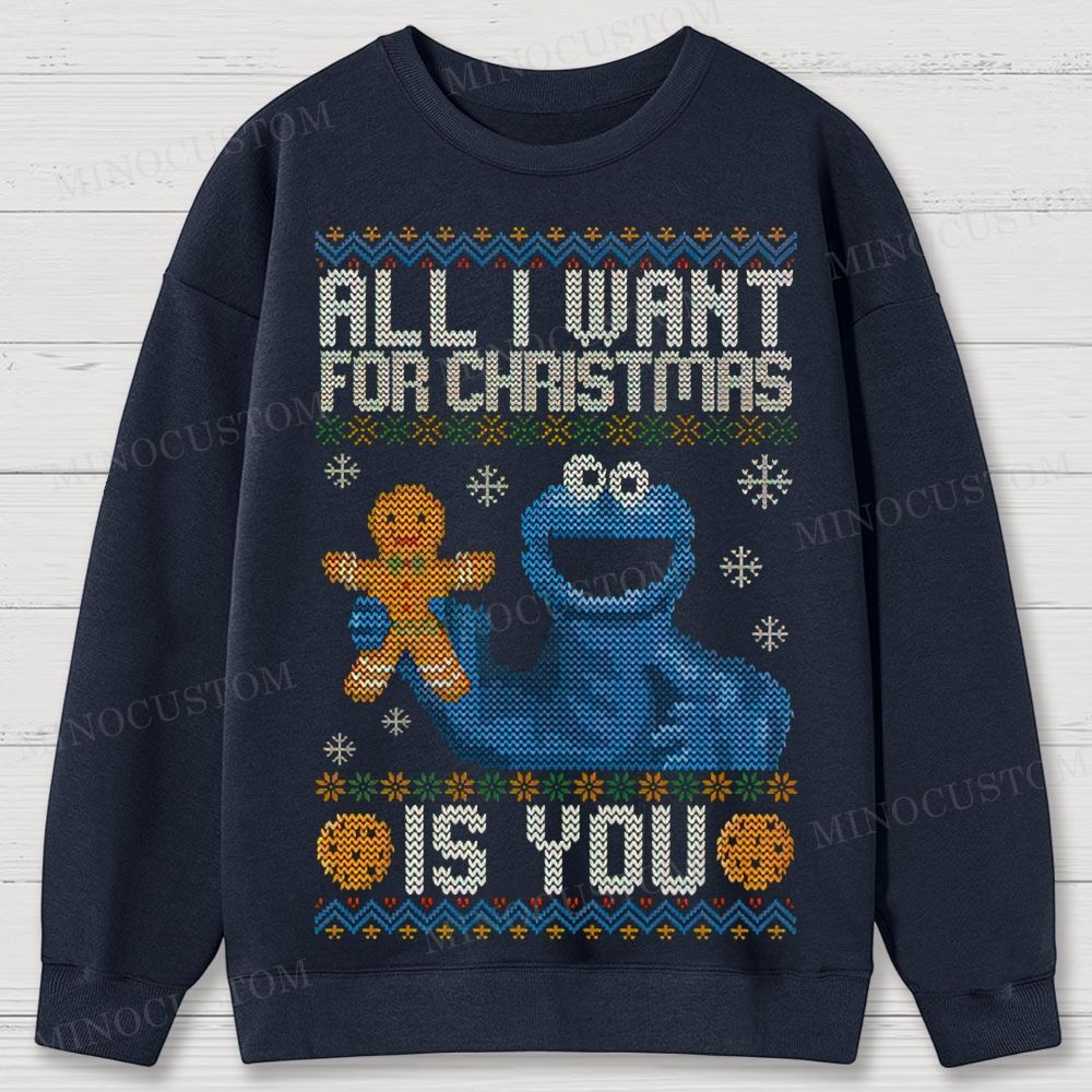 Sesame Street Cookie Monster "All I Want For Christmas Is You" Ugly Sweater Style Cotton Sweatshirts