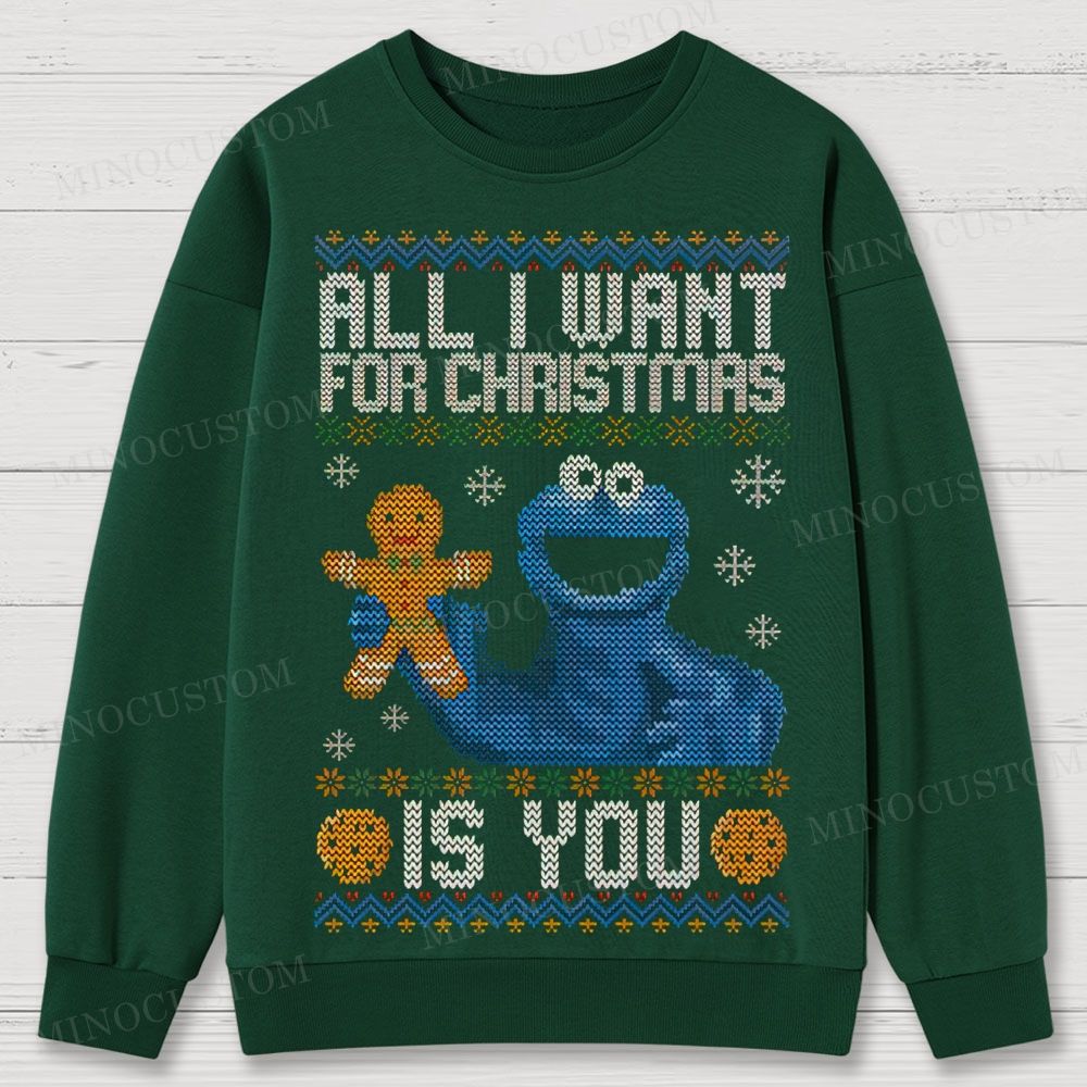 Sesame Street Cookie Monster "All I Want For Christmas Is You" Ugly Sweater Style Cotton Sweatshirts